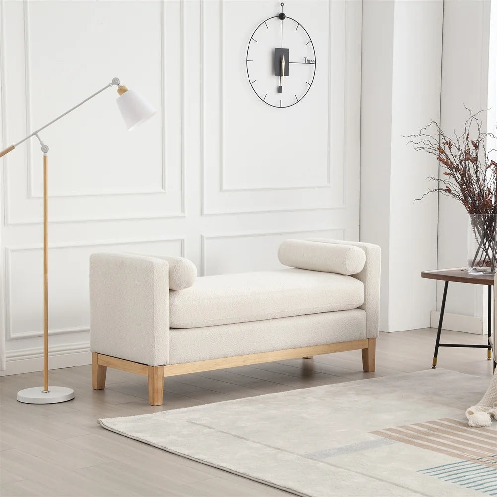 53.5"w Elegant Upholstered Bench with Wood Legs & Round Pillows, Comfy Boucle Fabric Footrest with Arms - Product image 4