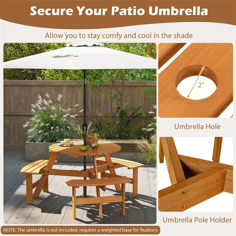 6-Person Round Wood Picnic Table Set with 3 Built-in Benches & 2" Umbrella Hole, Holds 1850 LBS - Product image 15