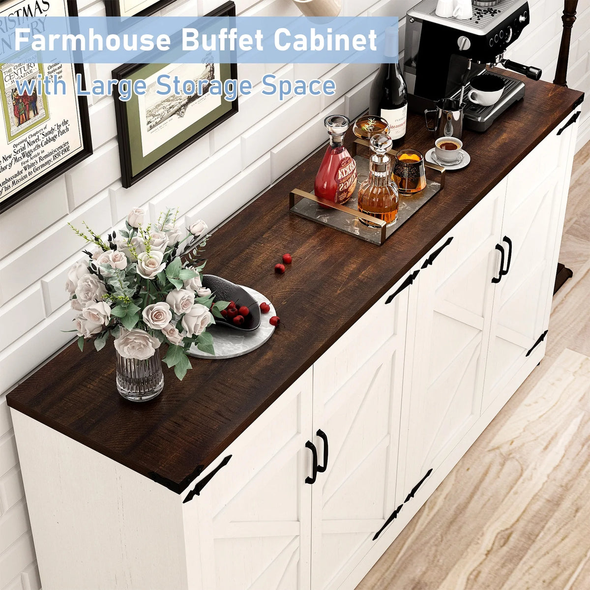 71" Tall Farmhouse Kitchen Pantry Cabinet, 5 Layers Storage Cabinet with Adjustable Shelves, Farmhouse Pantry Cabinet with 4 Barn Doors for Kitchen, Dining Room, Bathroom, Living Room, Rustic White