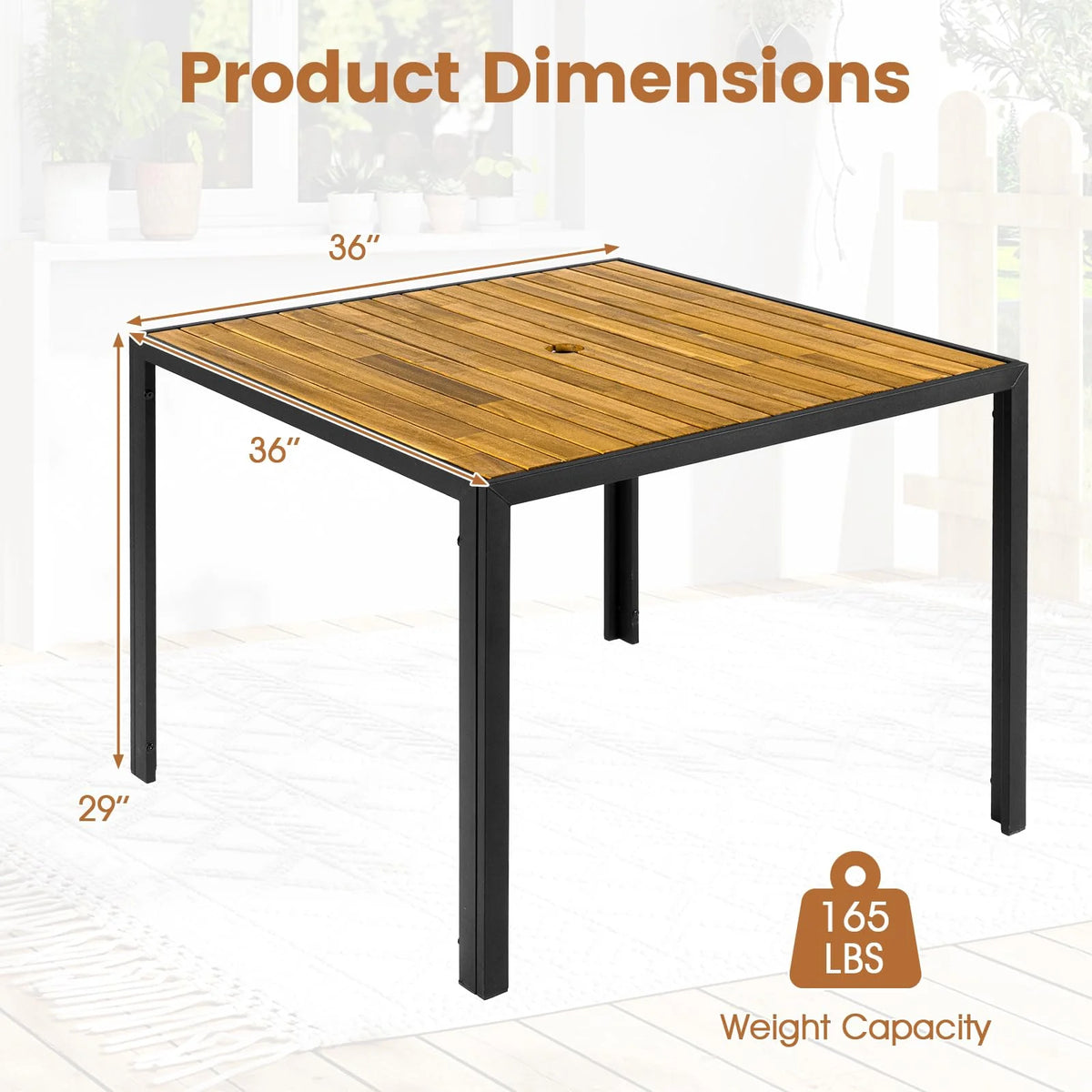 Tangkula 36" Square Acacia Wood Patio Dining Table 1.97" Umbrella Hole and Heavy Duty Metal Frame - Product image 6