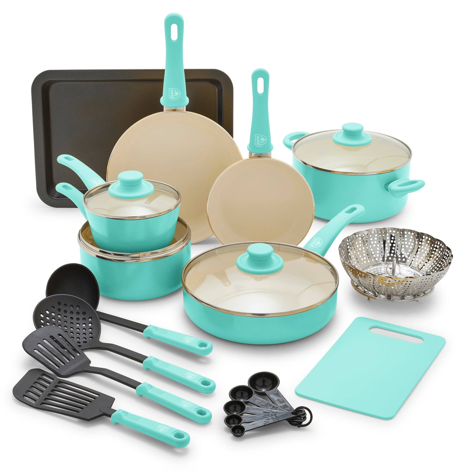 GreenLife 18-Piece Soft Grip Toxin-Free Healthy Ceramic Non-Stick Cookware Set, Turquoise - Product image 1