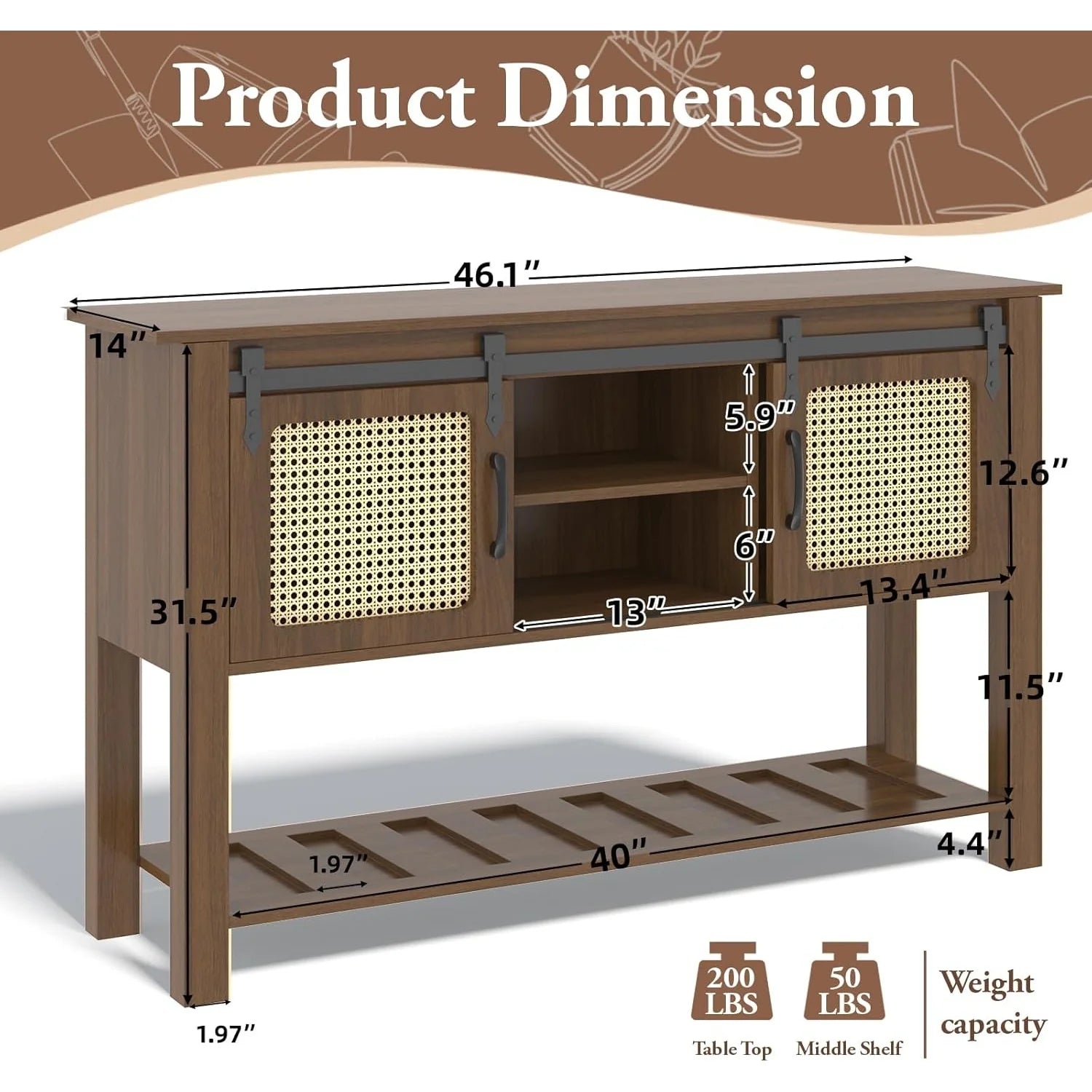 AECOJOY Buffet Cabinet, Coffee Bar Storage Cabinet, 46'' Coffee Bar Table with Rattan Sliding Barn Door - Product image 3