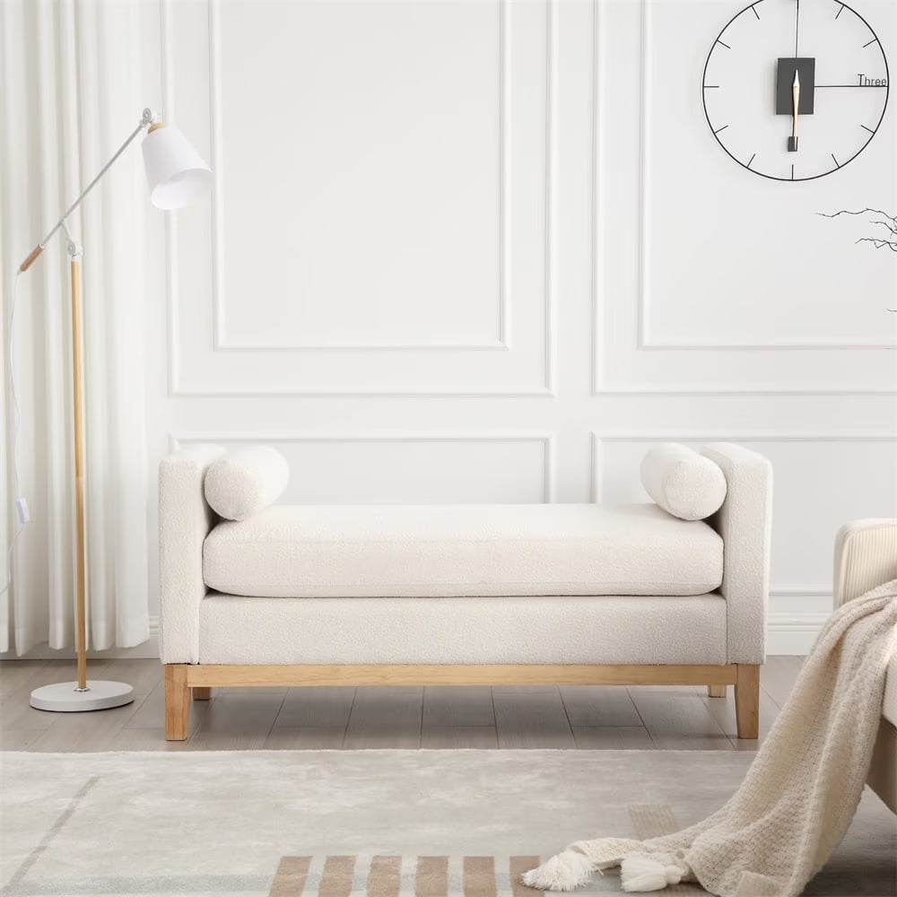 53.5"w Elegant Upholstered Bench with Wood Legs & Round Pillows, Comfy Boucle Fabric Footrest with Arms - Product image 1