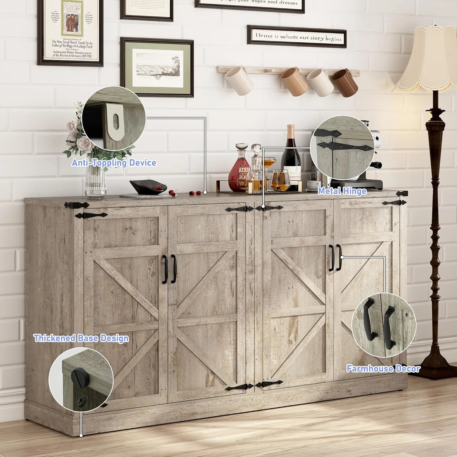 71" Tall Farmhouse Kitchen Pantry Cabinet, 5 Layers Storage Cabinet with Adjustable Shelves, Farmhouse Pantry Cabinet with 4 Barn Doors for Kitchen, Dining Room, Bathroom, Living Room, Rustic White