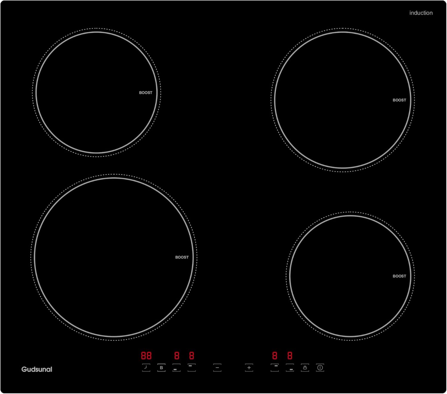 Gudsunal 4-burner induction hob, built-in cooktop, 7200W, 9 heating levels, Boost, Timer, Automatic shut-off, Child safety lock
