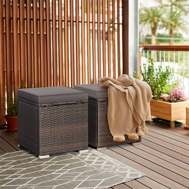 2PCS Wicker Outdoor Storage Ottomans with Removable Cushions, Multipurpose PE Rattan Footrest Side Table - Product image 21