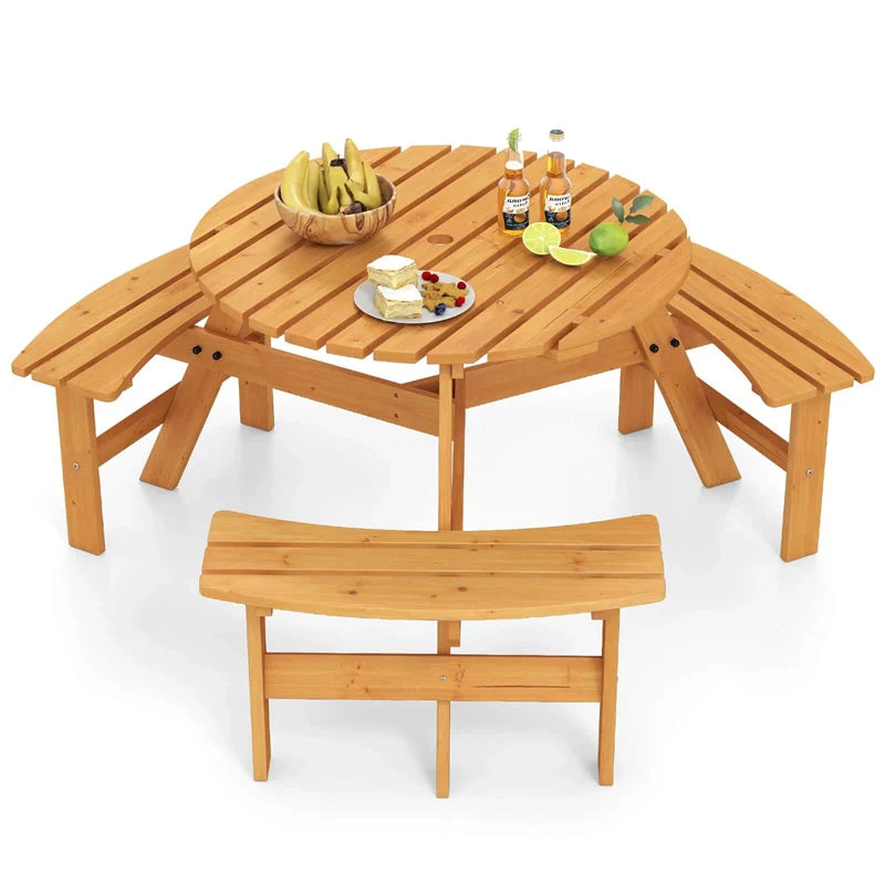 6-Person Round Wood Picnic Table Set with 3 Built-in Benches & 2" Umbrella Hole, Holds 1850 LBS - Product image 11