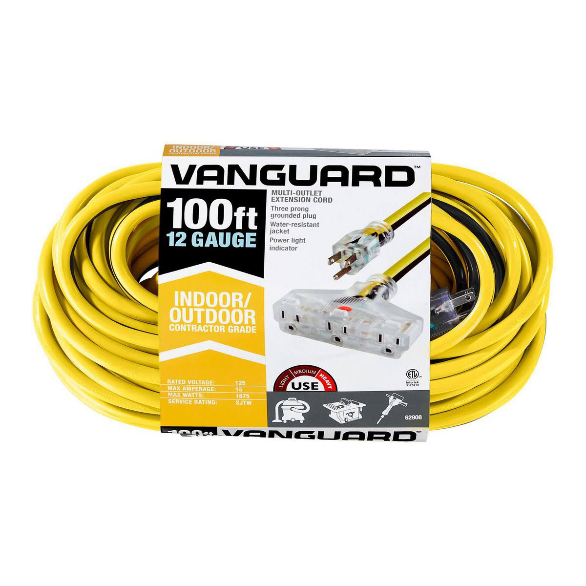 Vanguard 100 ft. x 12/3 Gauge Multiple Outlet Extension Cord with Indicator Light, Yellow/Black - Product image 1