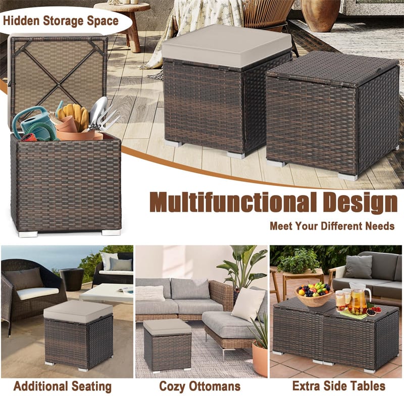 2PCS Wicker Outdoor Storage Ottomans with Removable Cushions, Multipurpose PE Rattan Footrest Side Table - Product image 8