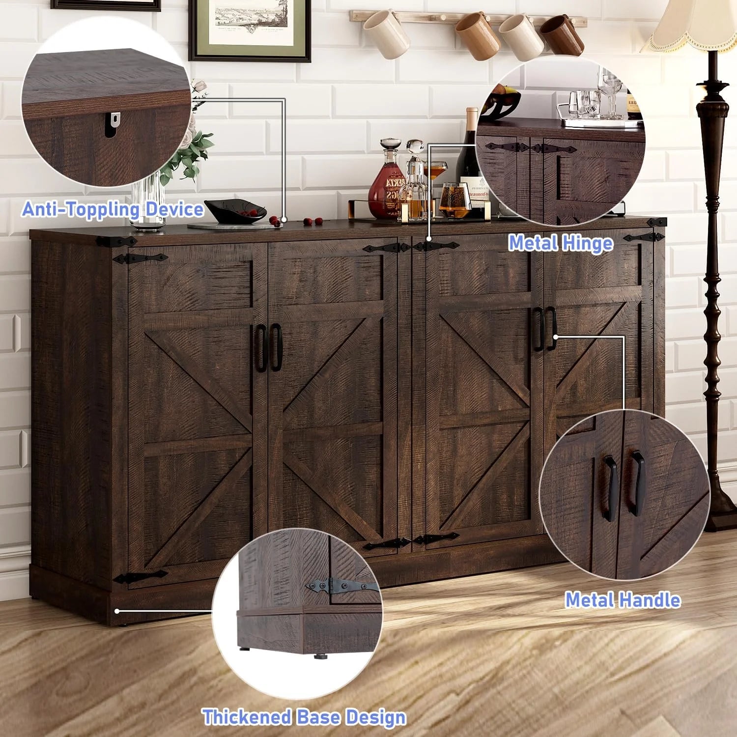 71" Tall Farmhouse Kitchen Pantry Cabinet, 5 Layers Storage Cabinet with Adjustable Shelves, Farmhouse Pantry Cabinet with 4 Barn Doors for Kitchen, Dining Room, Bathroom, Living Room, Rustic White