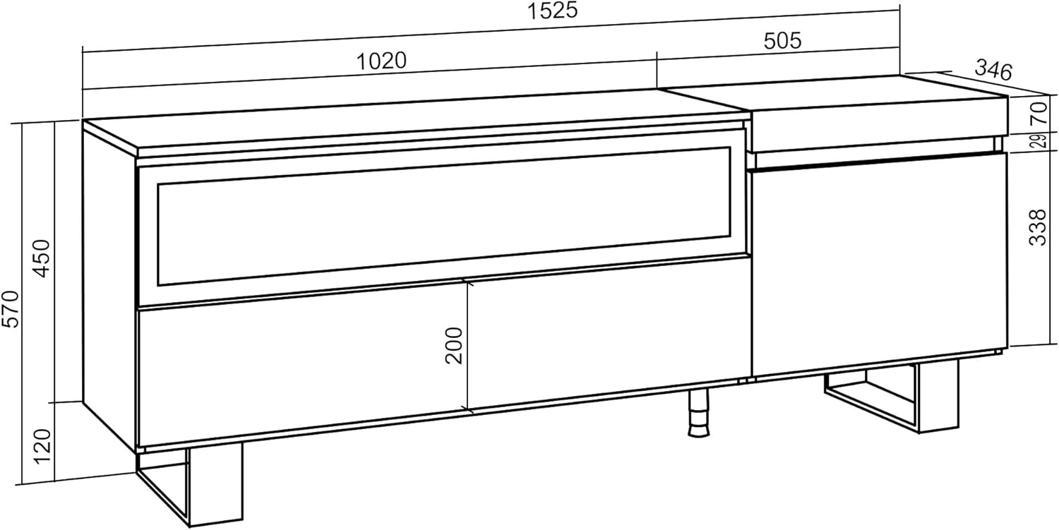 Skraut Home | TV cabinet | TV Bench | Large Storage Space | 150x57x35cm | for TVs up to 65" | Electric fireplace | Industrial Design | Modern Style | Oak