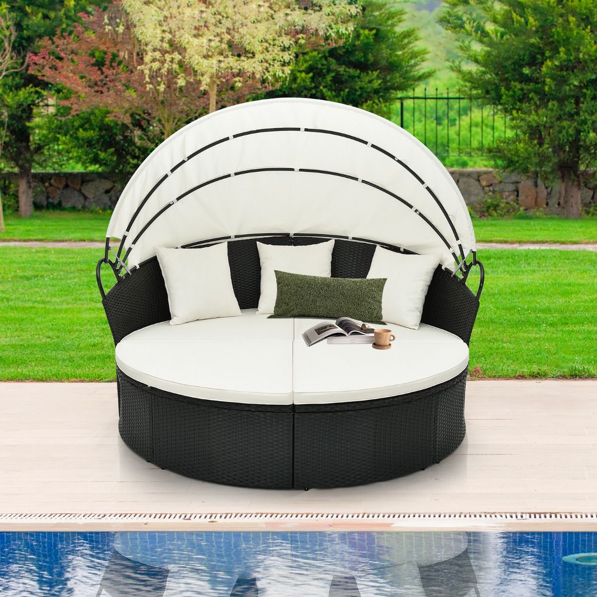 Round Garden Sofa Bed in PE Rattan Retractable Awning Removable Cushions and Pillows Modular Garden Furniture White -