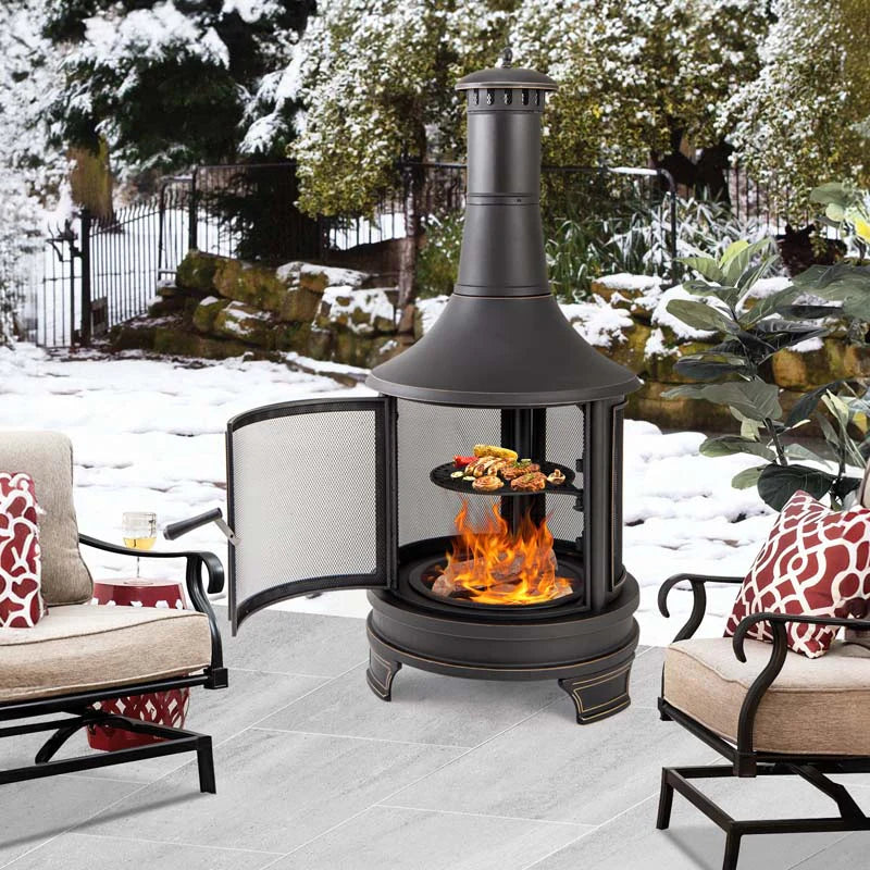 Outdoor Wood Burning Chiminea Fire Pit for Patio Backyard BBQ, 30 Inch Metal Fireplace with Grill - Product image 1