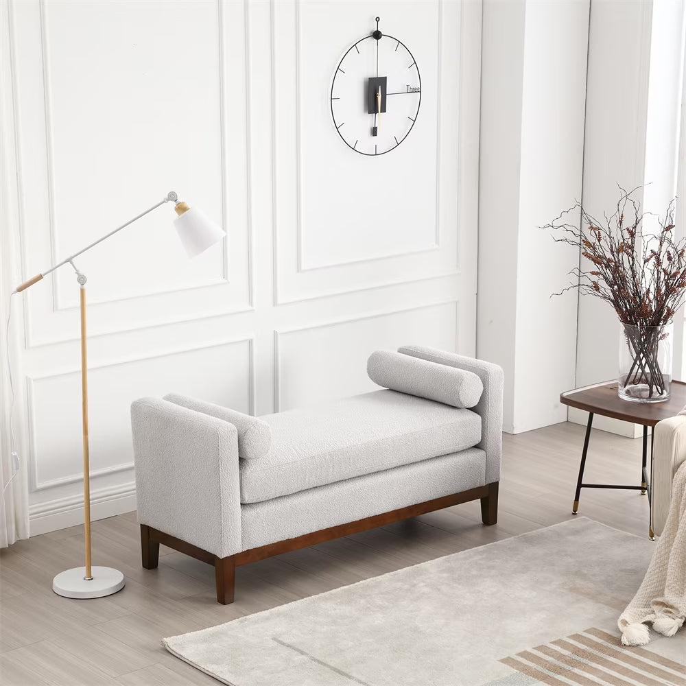 53.5"w Elegant Upholstered Bench with Wood Legs & Round Pillows, Comfy Boucle Fabric Footrest with Arms - Product image 3