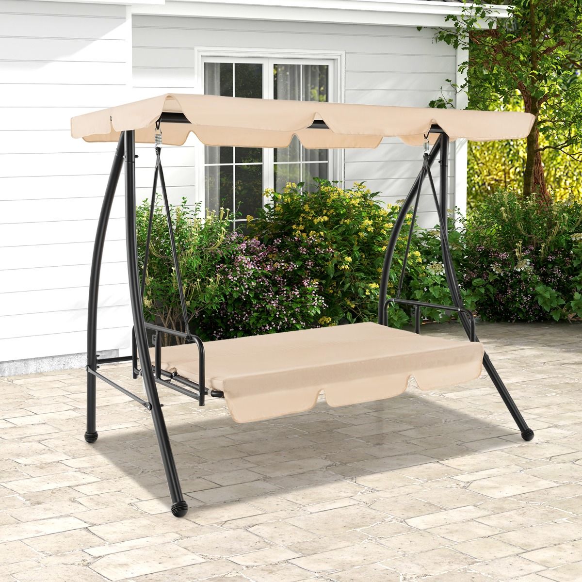 2-Seater Convertible Outdoor Swing with Flat Bed Terrace Hammock with Adjustable Awning and Removable Cushion for Garden -
