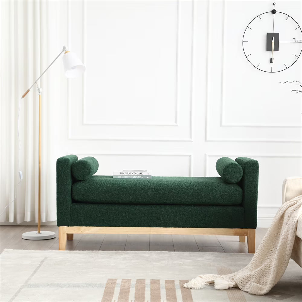 53.5"w Elegant Upholstered Bench with Wood Legs & Round Pillows, Comfy Boucle Fabric Footrest with Arms - Product image 5