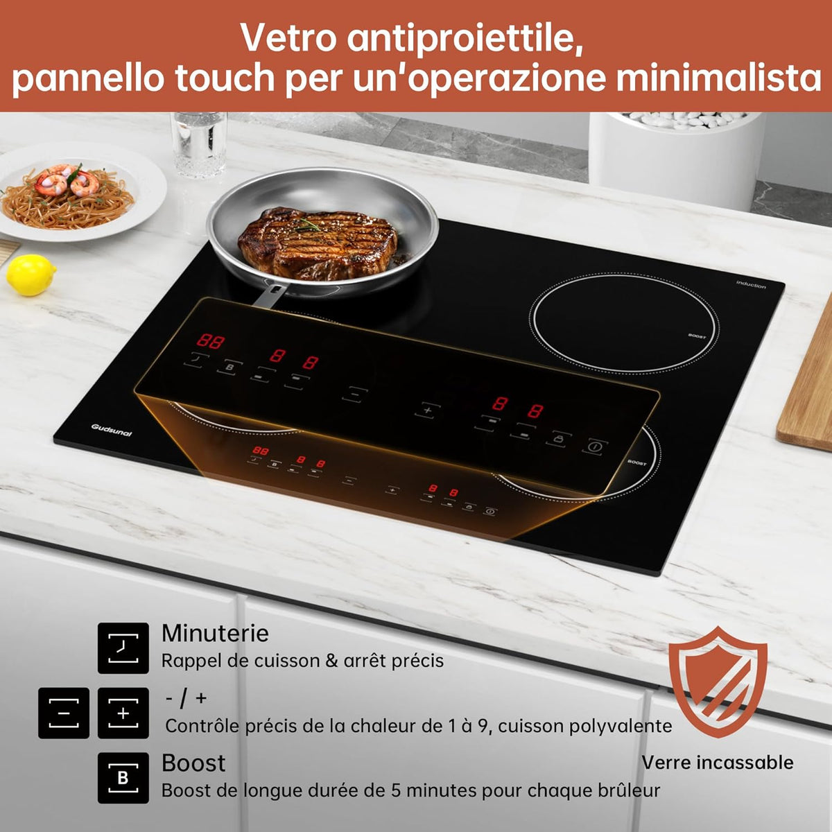Gudsunal 4-burner induction hob, built-in cooktop, 7200W, 9 heating levels, Boost, Timer, Automatic shut-off, Child safety lock
