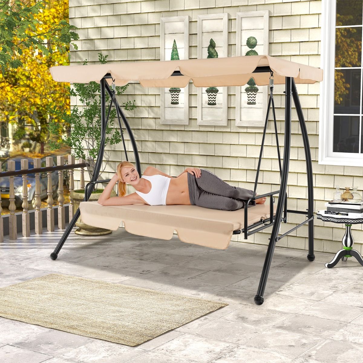2-Seater Convertible Outdoor Swing with Flat Bed Terrace Hammock with Adjustable Awning and Removable Cushion for Garden -