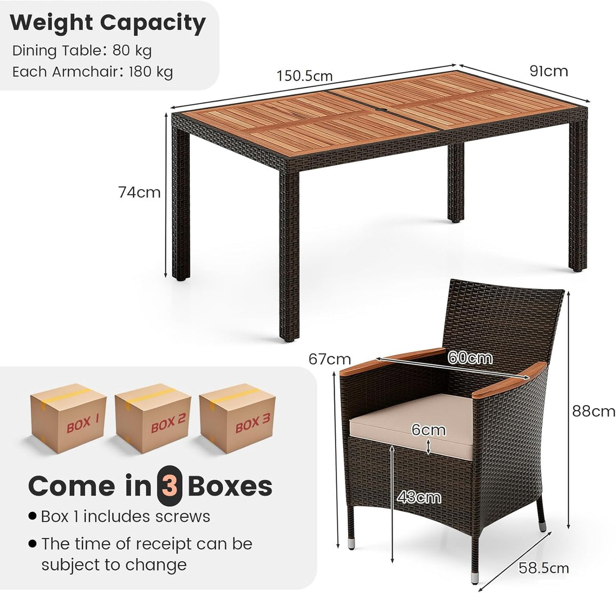 GIANTEX Garden Furniture Set for 6 People in Rattan and Acacia Wood, Outdoor Garden Table with 6 Chairs, Cushions, Parasol Hole, Adjustable Feet, for Courtyard, Picnic, Brown