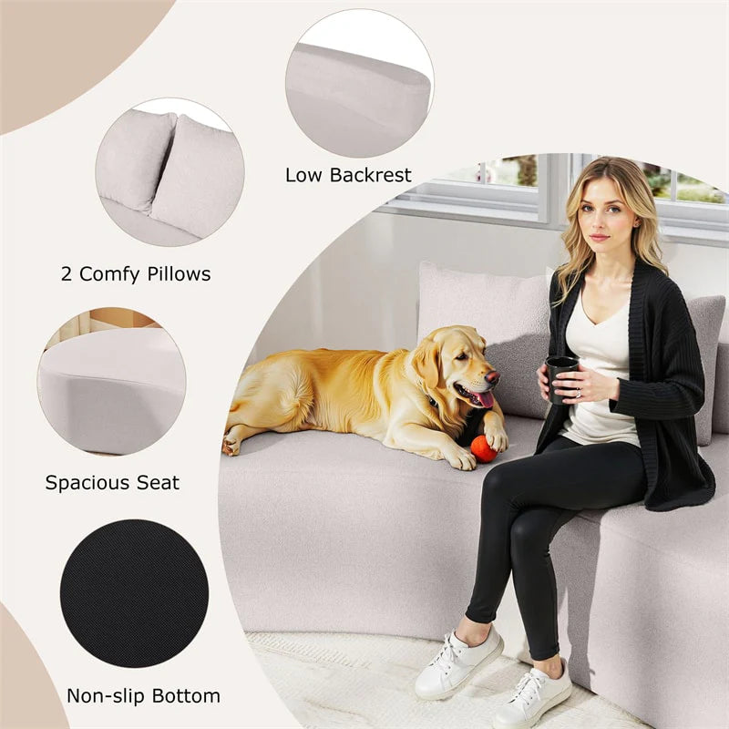 78.5" Upholstered Curved Sofa Couch w/ 2 Cozy Pillows, Low Backrest, Sponge Padded Seat, No Assembly Modern Floor Couch for Living Room Bedroom