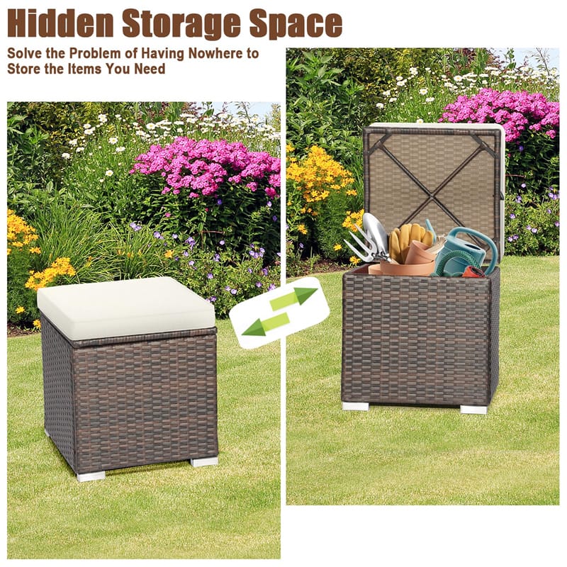 2PCS Wicker Outdoor Storage Ottomans with Removable Cushions, Multipurpose PE Rattan Footrest Side Table - Product image 53