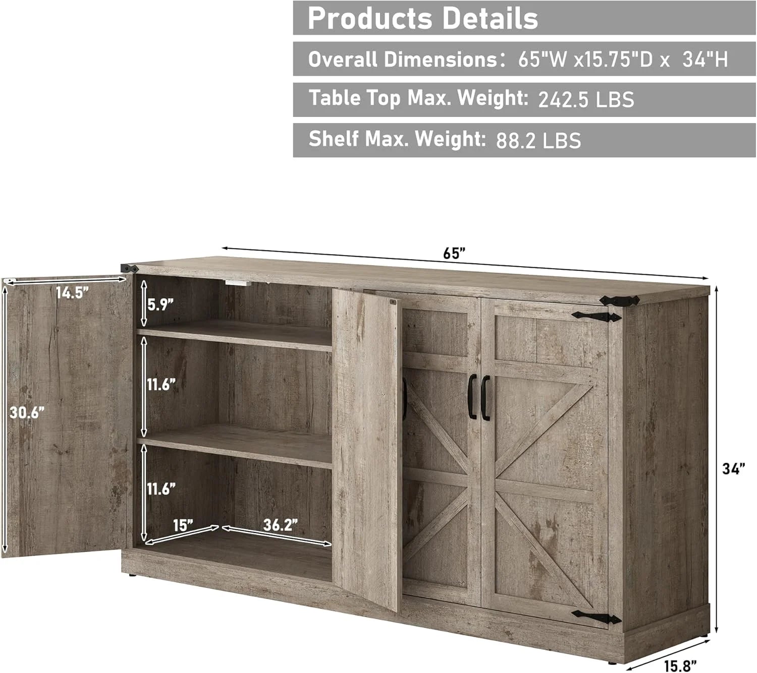 71" Tall Farmhouse Kitchen Pantry Cabinet, 5 Layers Storage Cabinet with Adjustable Shelves, Farmhouse Pantry Cabinet with 4 Barn Doors for Kitchen, Dining Room, Bathroom, Living Room, Rustic White