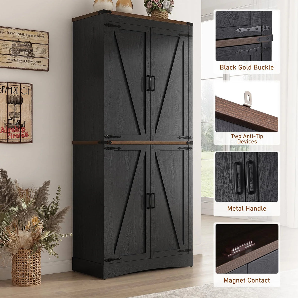 71" Tall Farmhouse Kitchen Pantry Cabinet, 5 Layers Storage Cabinet with Adjustable Shelves, Farmhouse Pantry Cabinet with 4 Barn Doors for Kitchen, Dining Room, Bathroom, Living Room, Rustic White