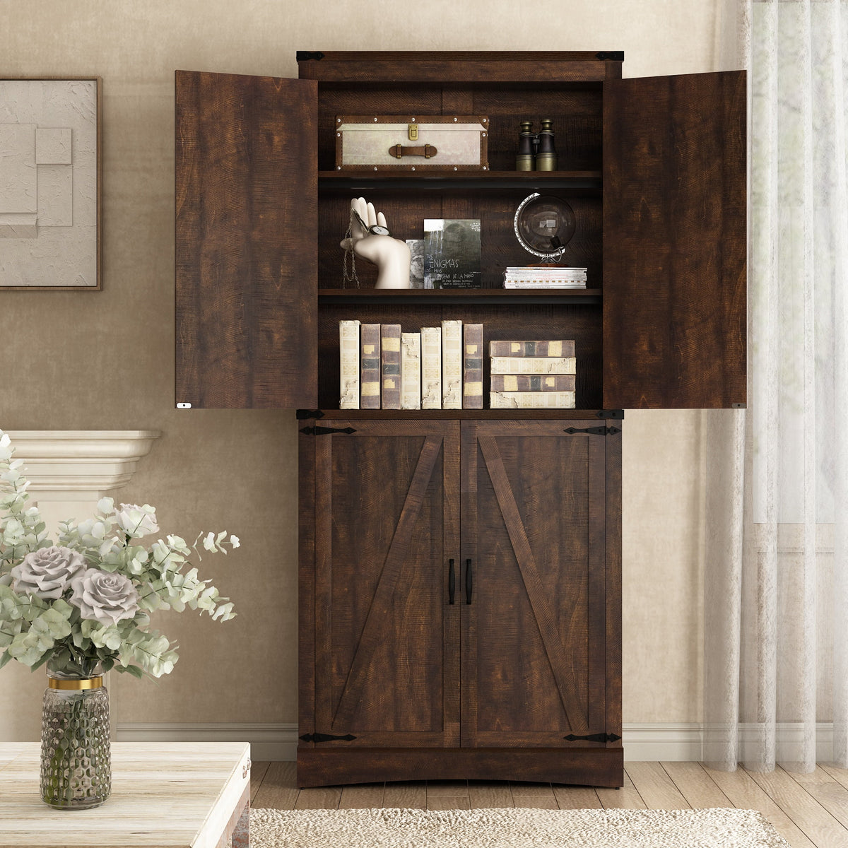 71" Tall Farmhouse Kitchen Pantry Cabinet, 5 Layers Storage Cabinet with Adjustable Shelves, Farmhouse Pantry Cabinet with 4 Barn Doors for Kitchen, Dining Room, Bathroom, Living Room, Rustic White