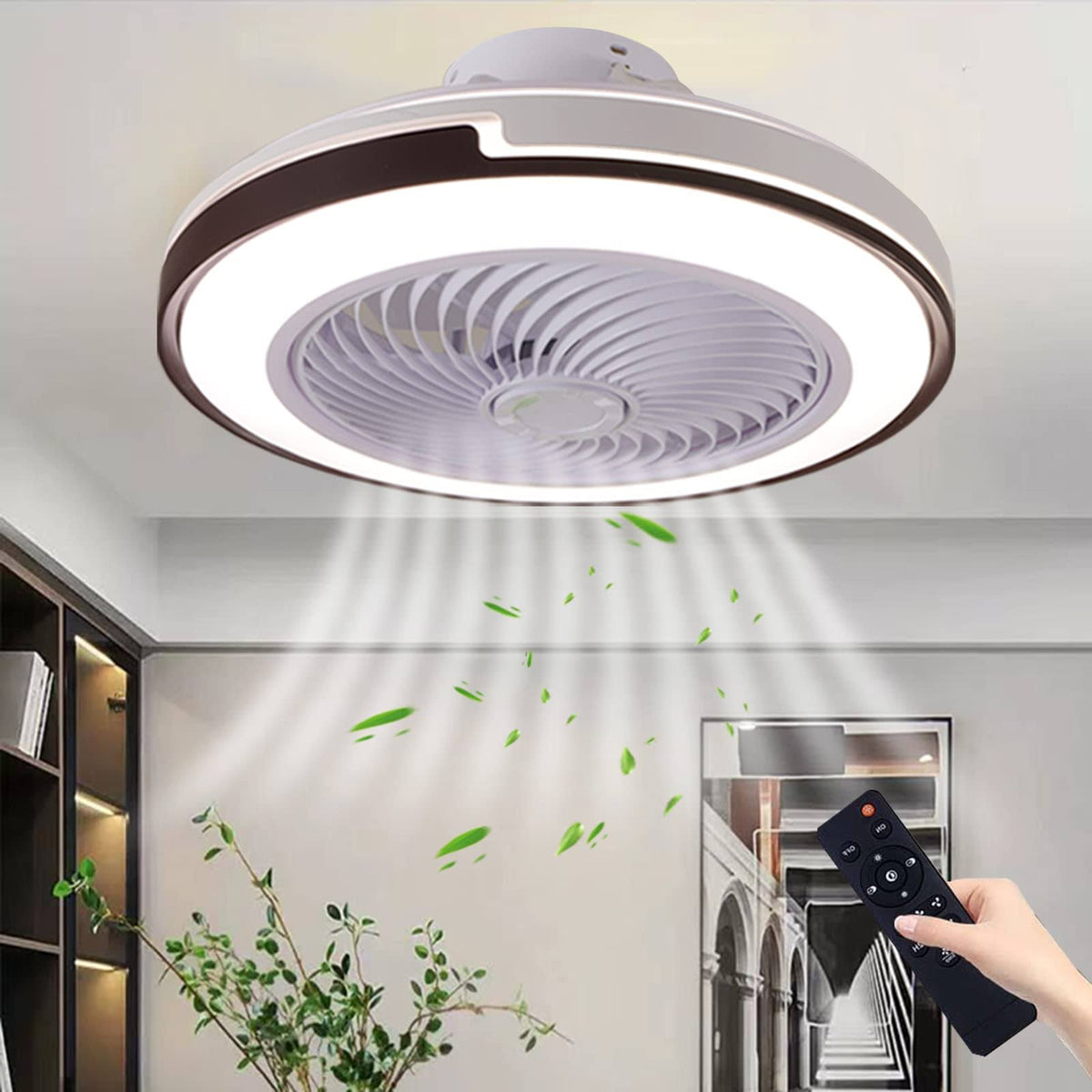 Bedroom Ceiling Fans with Lights, Low Profile Flush Mount, White +Coffee Color - Product image 1