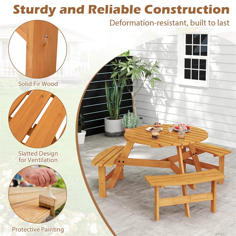 6-Person Round Wood Picnic Table Set with 3 Built-in Benches & 2" Umbrella Hole, Holds 1850 LBS - Product image 16