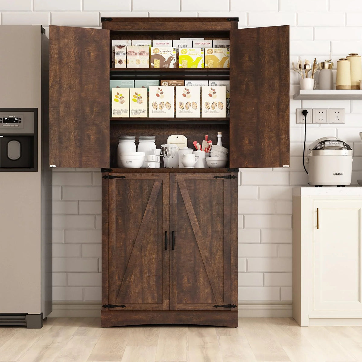 71" Tall Farmhouse Kitchen Pantry Cabinet, 5 Layers Storage Cabinet with Adjustable Shelves, Farmhouse Pantry Cabinet with 4 Barn Doors for Kitchen, Dining Room, Bathroom, Living Room, Rustic White