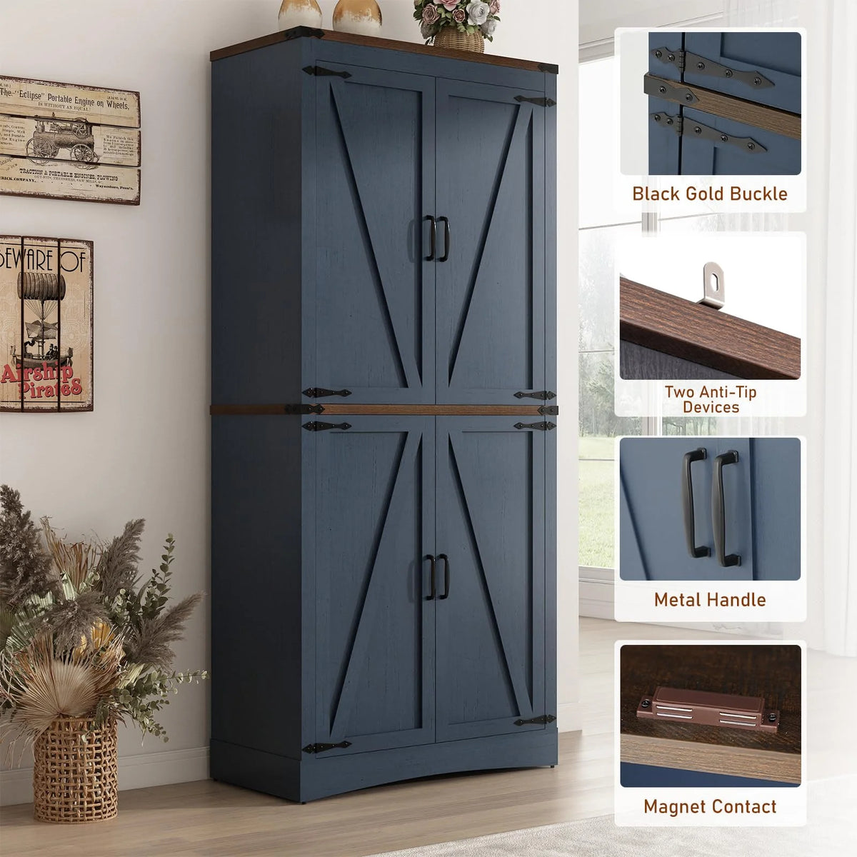71" Tall Farmhouse Kitchen Pantry Cabinet, 5 Layers Storage Cabinet with Adjustable Shelves, Farmhouse Pantry Cabinet with 4 Barn Doors for Kitchen, Dining Room, Bathroom, Living Room, Rustic White