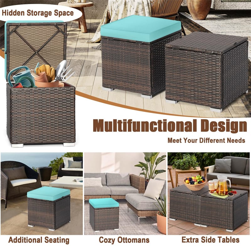 2PCS Wicker Outdoor Storage Ottomans with Removable Cushions, Multipurpose PE Rattan Footrest Side Table - Product image 36