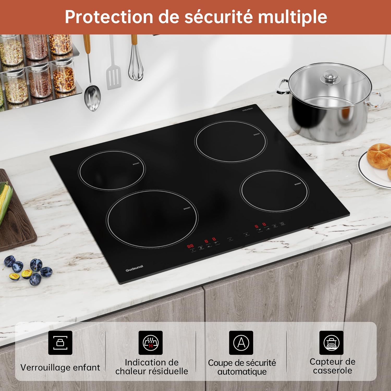 Gudsunal 4-burner induction hob, built-in cooktop, 7200W, 9 heating levels, Boost, Timer, Automatic shut-off, Child safety lock