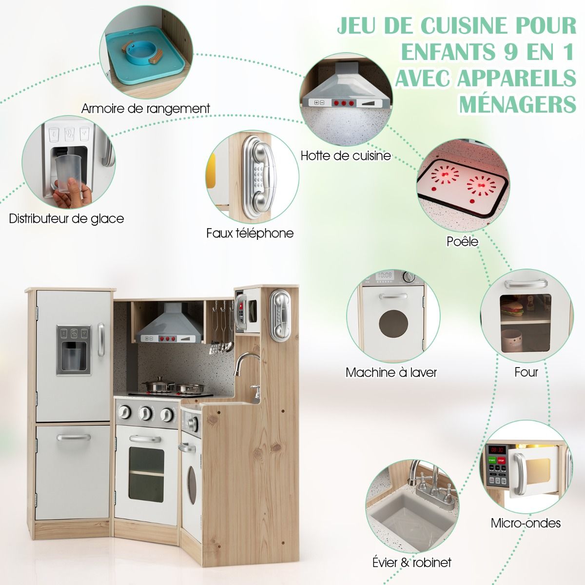 Wooden Children's Kitchen XXL Angle 105 x 49 x 85 cm (L x W x H) Complete Kitchen with Oven Washing Machine 3 Years+ -