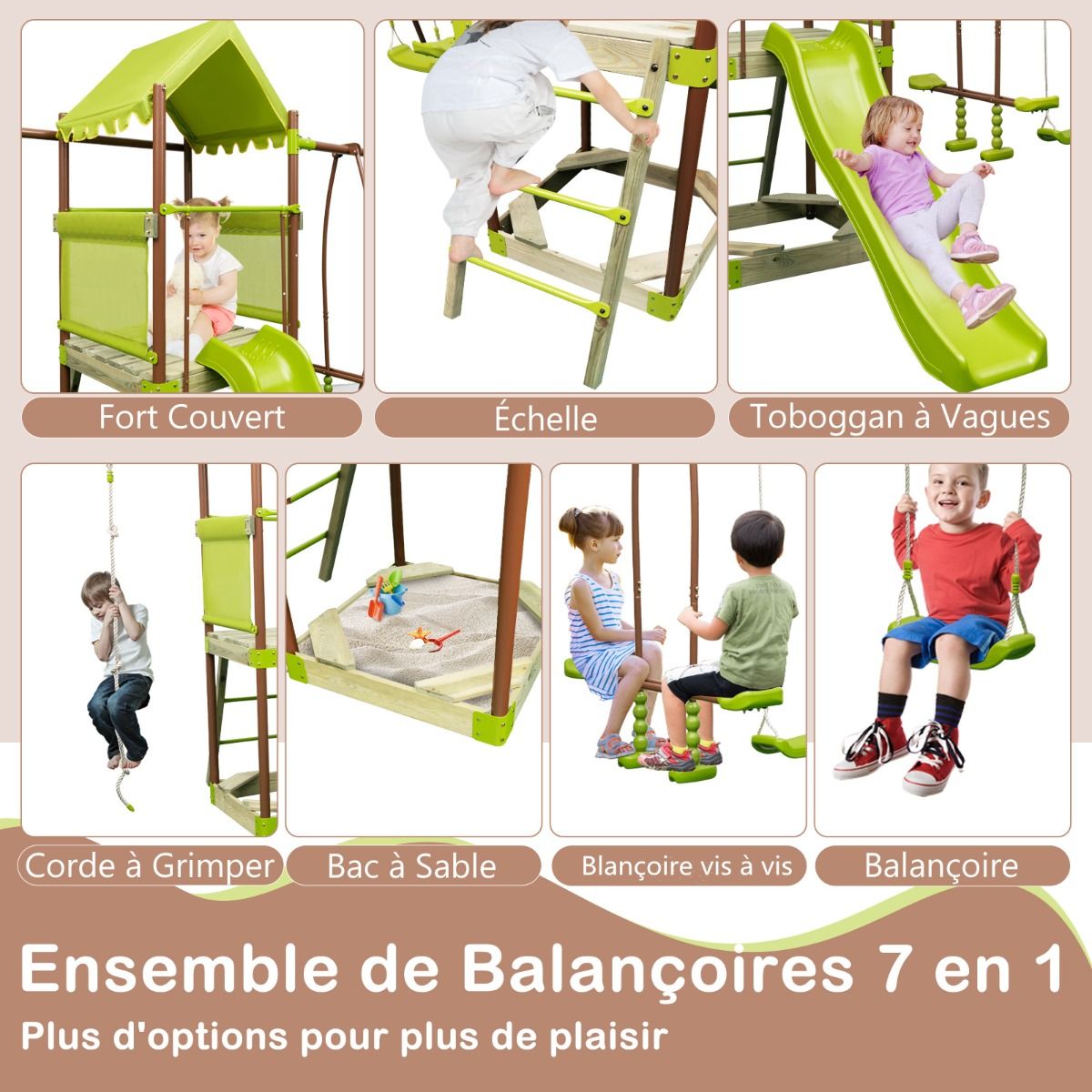 7-in-1 Swing Metal Playground with Strong Canopy Height Adjustable Climbing Rope Sandbox Slider Corrugated Slide Green -