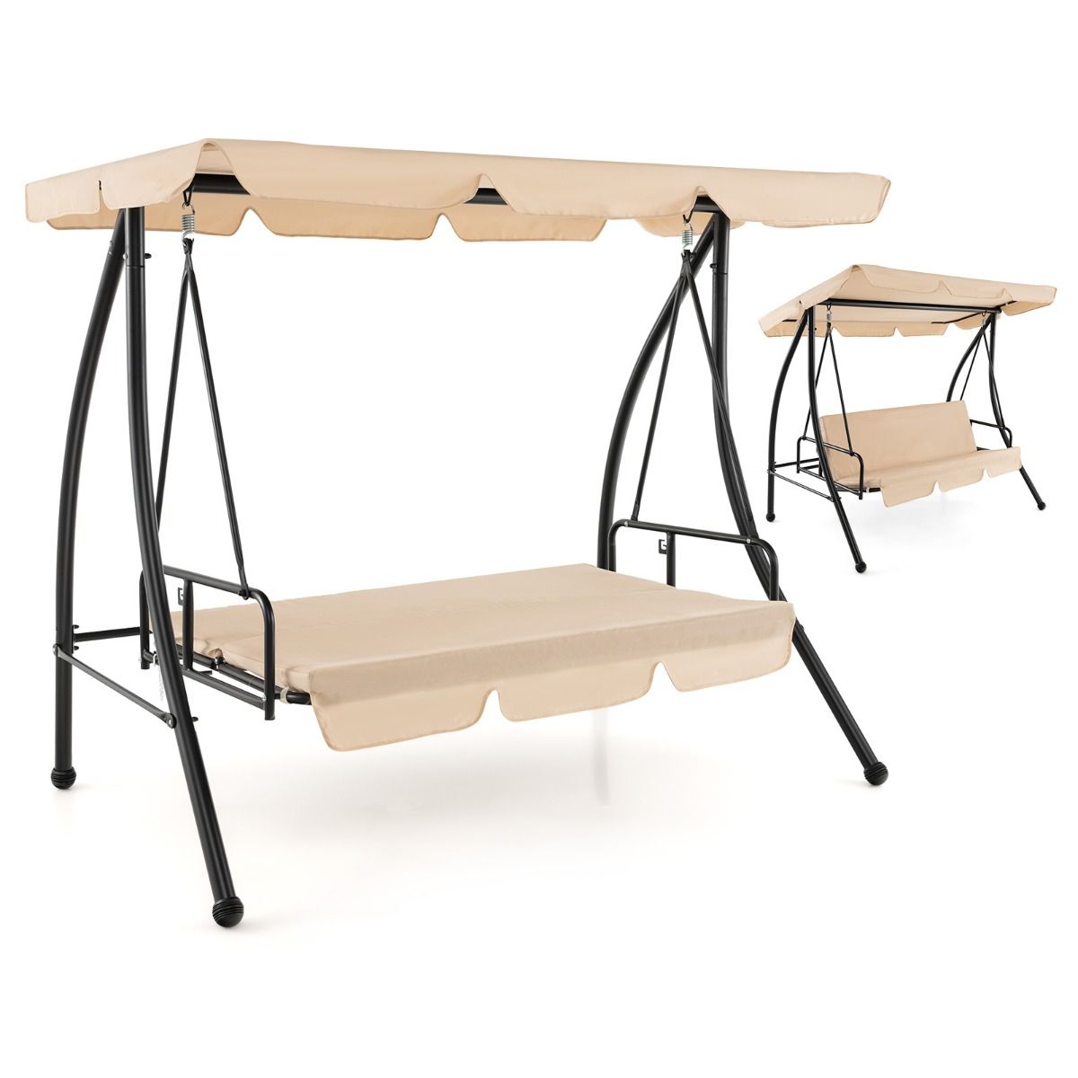 2-Seater Convertible Outdoor Swing with Flat Bed Terrace Hammock with Adjustable Awning and Removable Cushion for Garden -