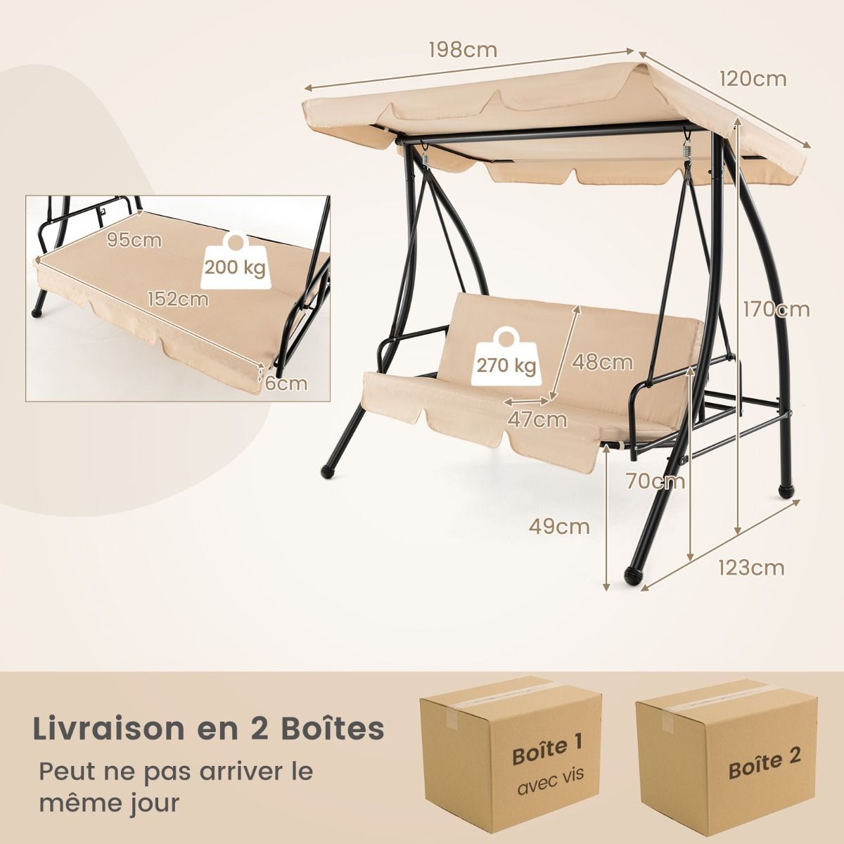 2-Seater Convertible Outdoor Swing with Flat Bed Terrace Hammock with Adjustable Awning and Removable Cushion for Garden -