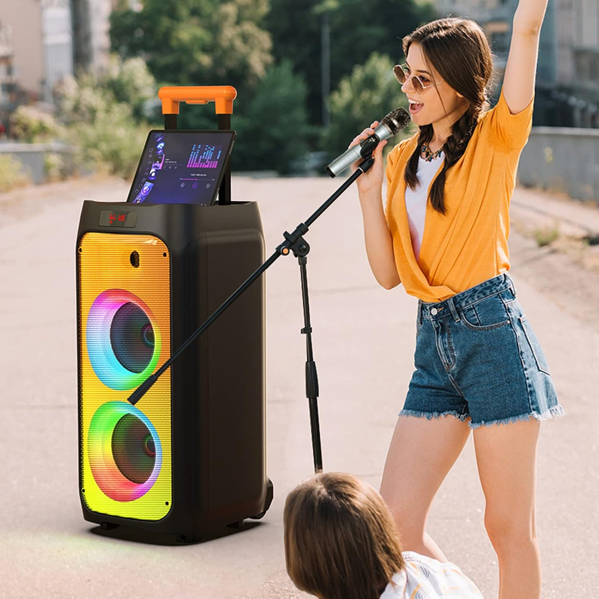 JYX Karaoke Machine for Adults, Portable Bluetooth Karaoke Speaker with 2 Wireless Microphones, Party Box Ideal for Family Gatherings/Outdoor Camping