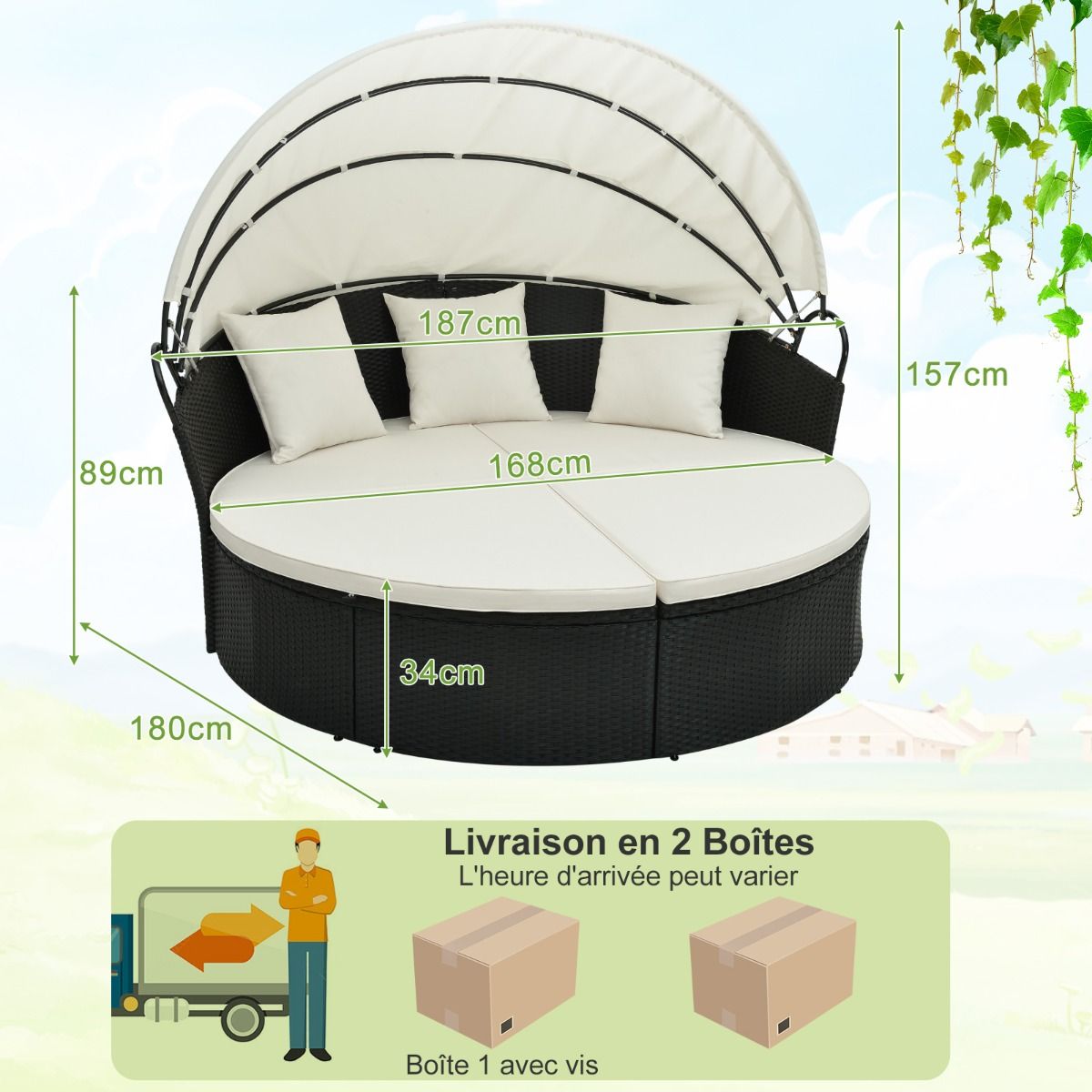 Round Garden Sofa Bed in PE Rattan Retractable Awning Removable Cushions and Pillows Modular Garden Furniture White -