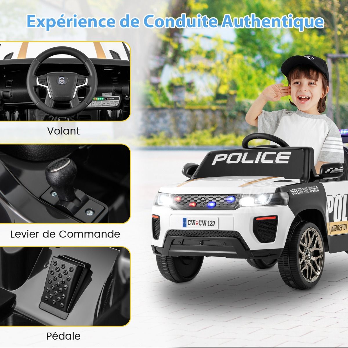 Electric Police Car Battery Powered 12V/7A Remote Control Wireless Connection Music Horn Siren LED Lights White -