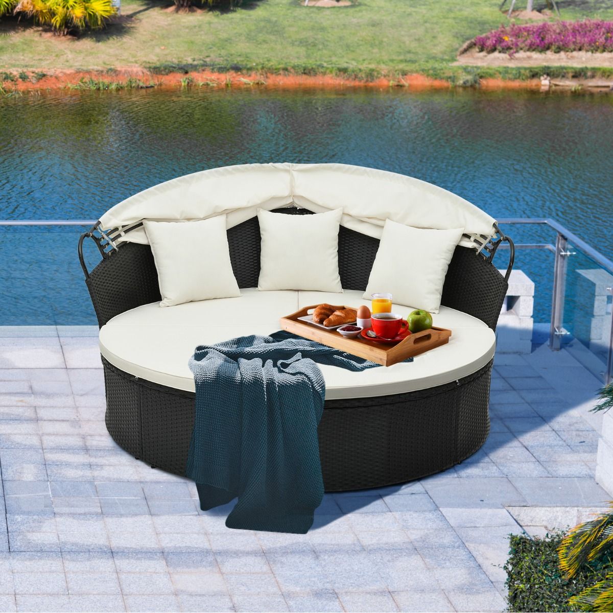 Round Garden Sofa Bed in PE Rattan Retractable Awning Removable Cushions and Pillows Modular Garden Furniture White -