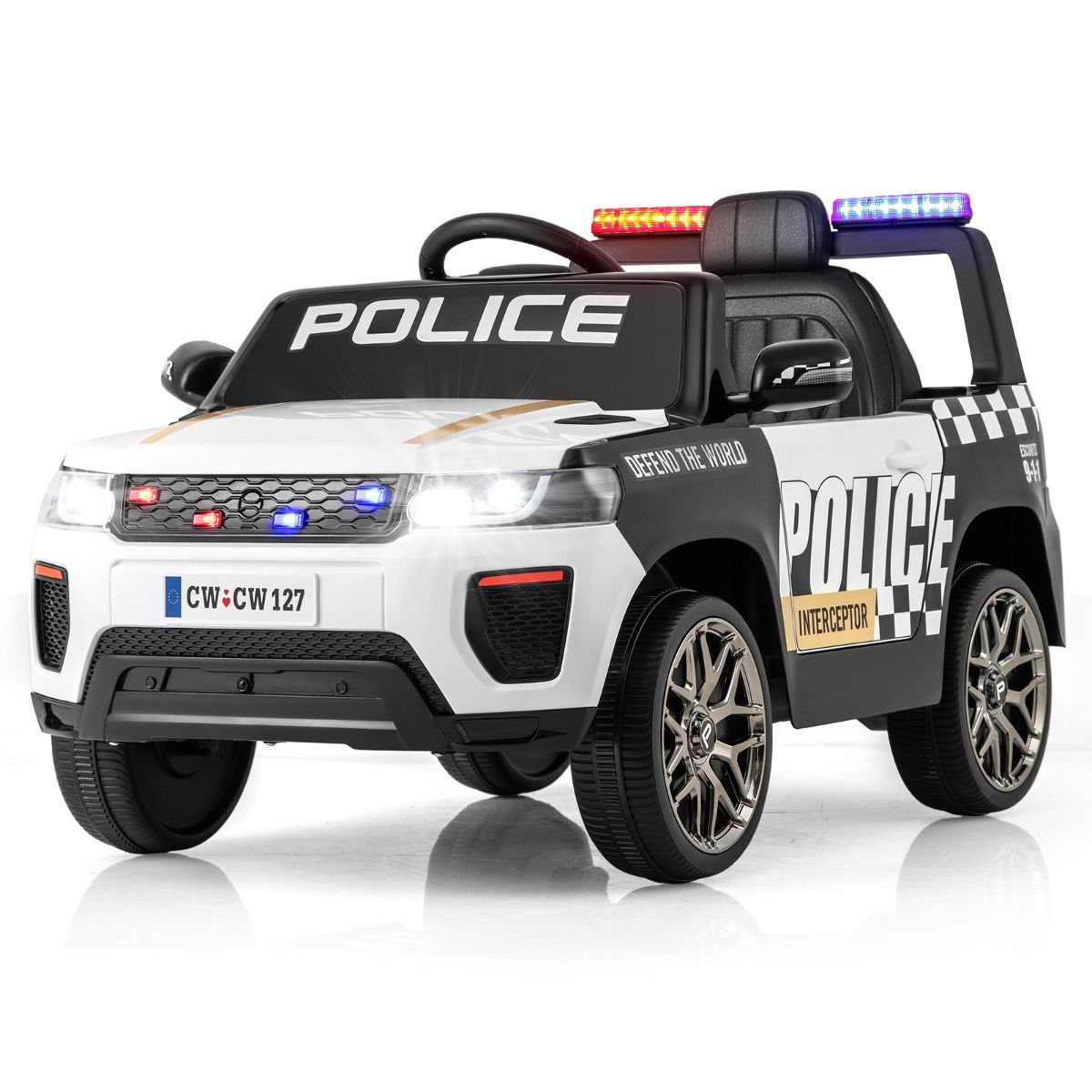 Electric Police Car Battery Powered 12V/7A Remote Control Wireless Connection Music Horn Siren LED Lights White -