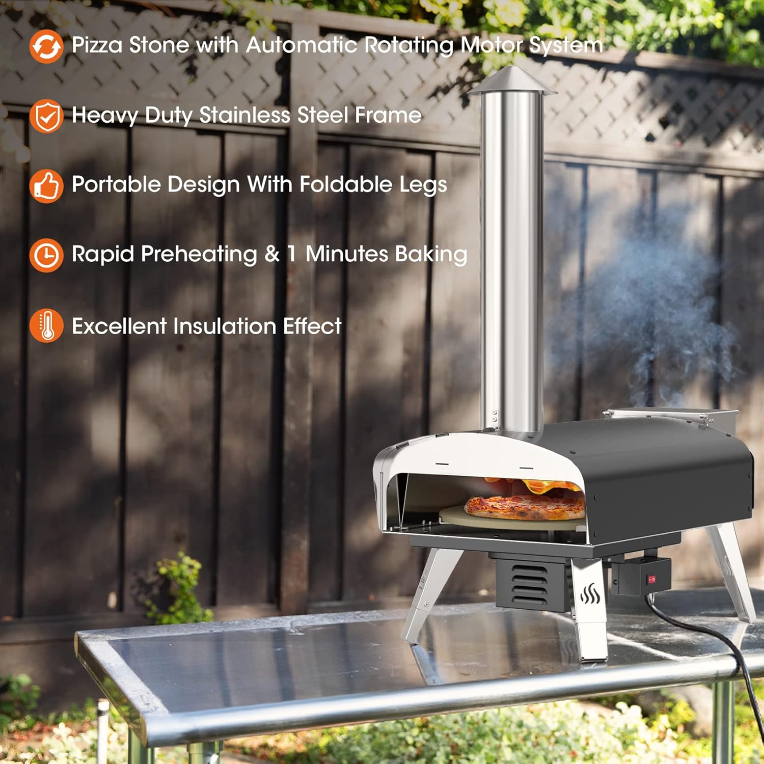 Mimiuo Black Pizza Oven with Charcoal Pellet, Premium Wood Oven for Garden with Automatic Rotation System, with Shovel and Pizza Stone (Tisserie W-Oven Series)