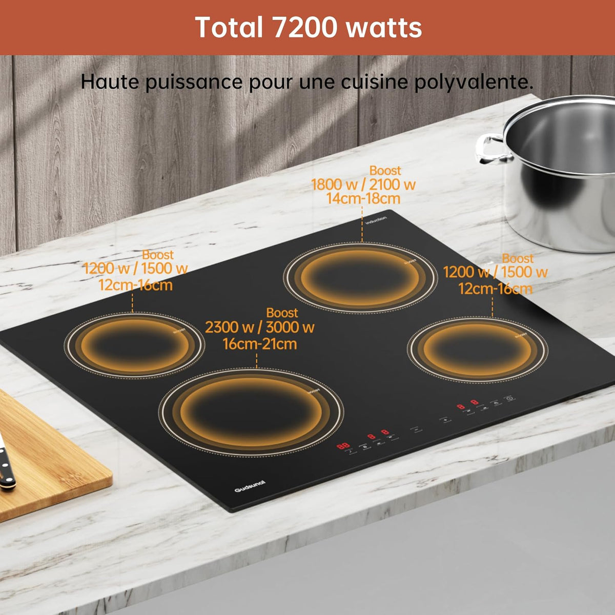 Gudsunal 4-burner induction hob, built-in cooktop, 7200W, 9 heating levels, Boost, Timer, Automatic shut-off, Child safety lock