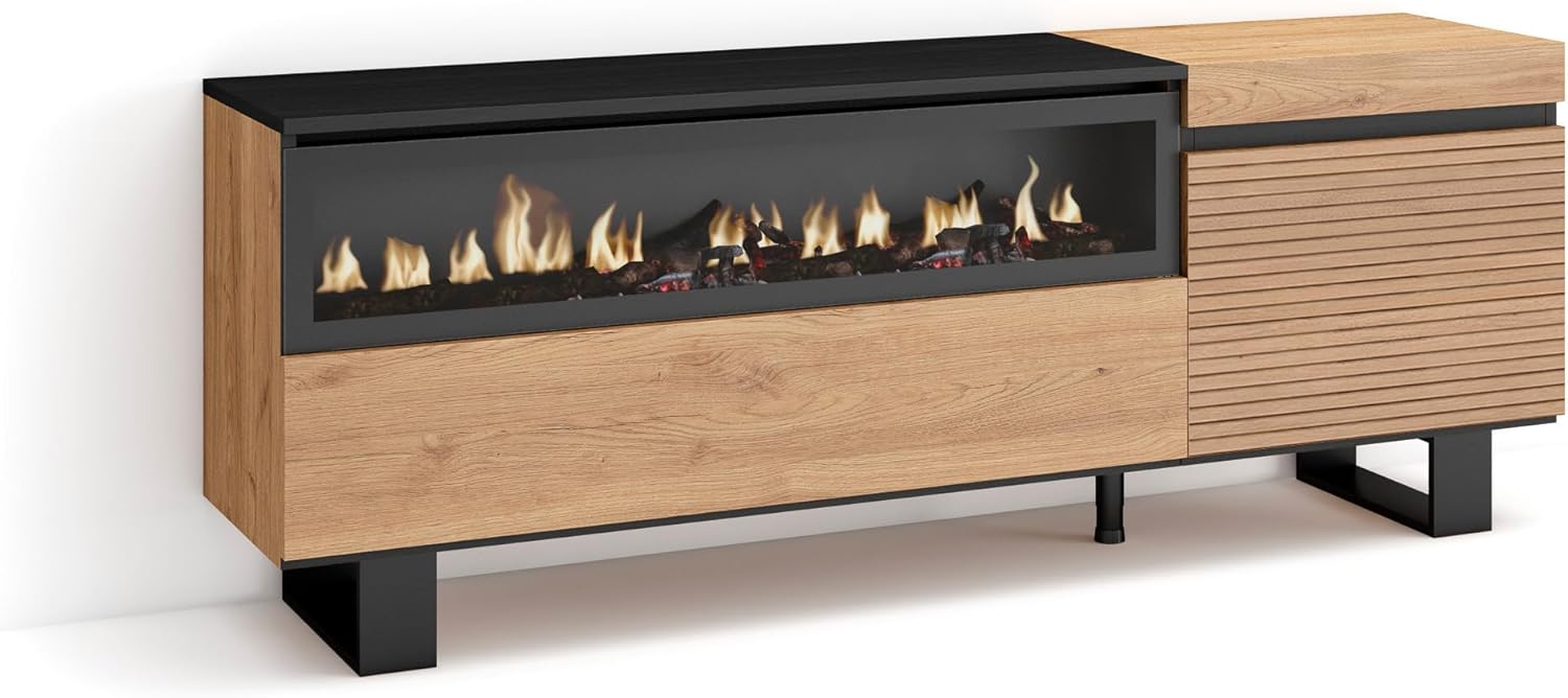 Skraut Home | TV cabinet | TV Bench | Large Storage Space | 150x57x35cm | for TVs up to 65" | Electric fireplace | Industrial Design | Modern Style | Oak