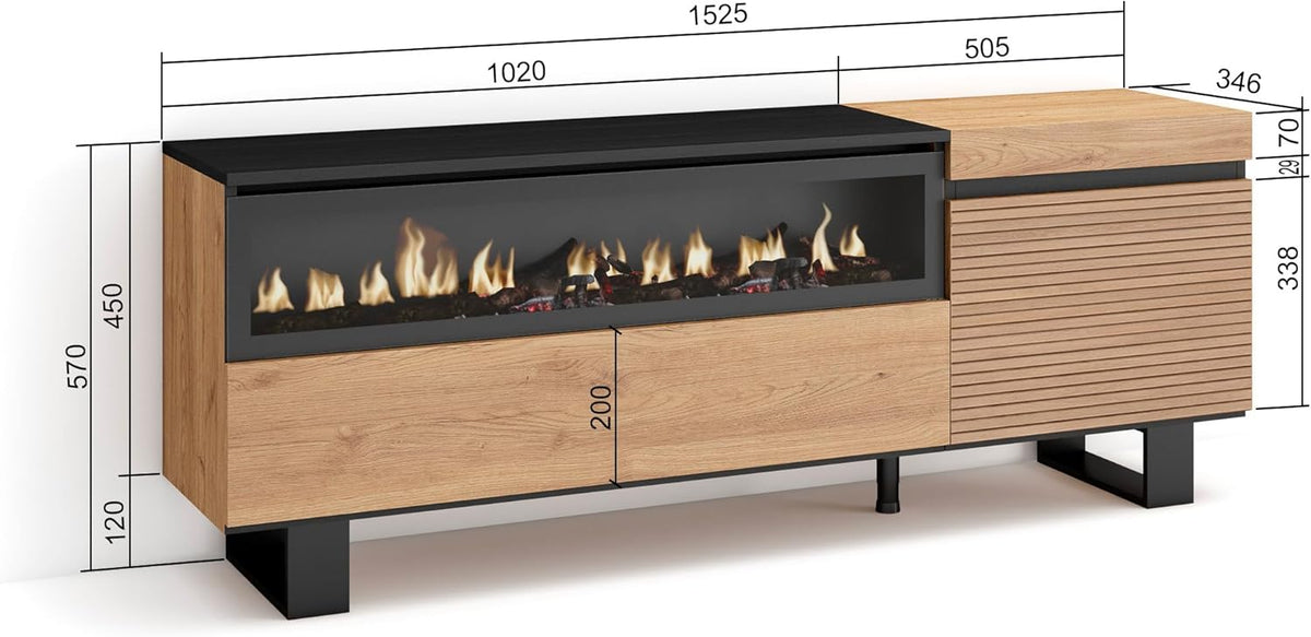 Skraut Home | TV cabinet | TV Bench | Large Storage Space | 150x57x35cm | for TVs up to 65" | Electric fireplace | Industrial Design | Modern Style | Oak