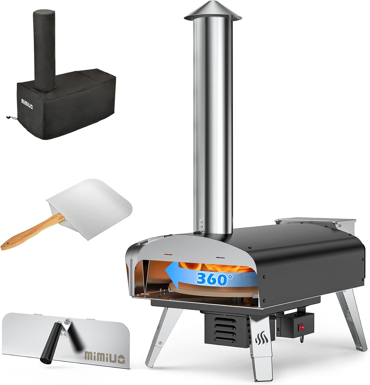 Mimiuo Black Pizza Oven with Charcoal Pellet, Premium Wood Oven for Garden with Automatic Rotation System, with Shovel and Pizza Stone (Tisserie W-Oven Series)