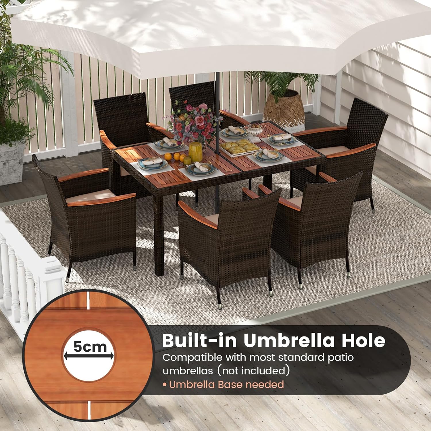 GIANTEX Garden Furniture Set for 6 People in Rattan and Acacia Wood, Outdoor Garden Table with 6 Chairs, Cushions, Parasol Hole, Adjustable Feet, for Courtyard, Picnic, Brown