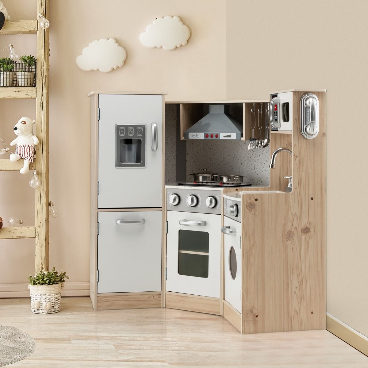 Wooden Children's Kitchen XXL Angle 105 x 49 x 85 cm (L x W x H) Complete Kitchen with Oven Washing Machine 3 Years+ -